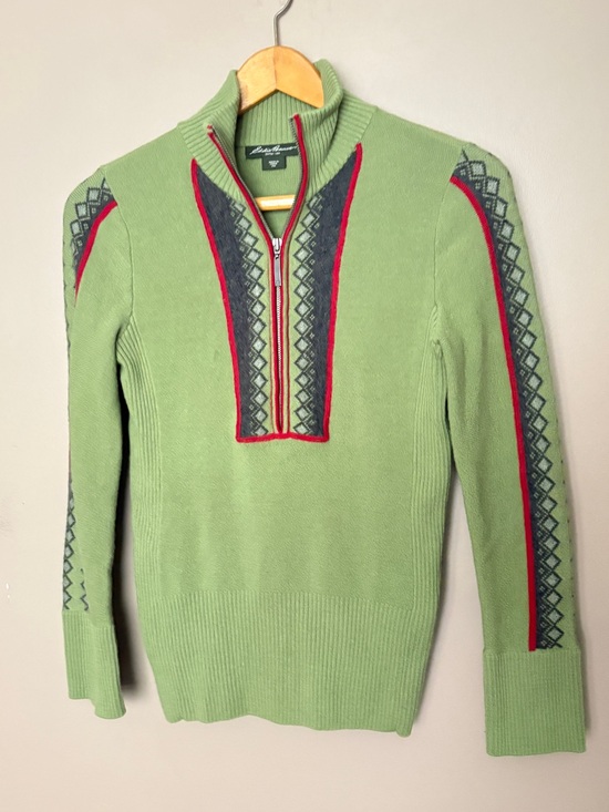 Eddie Bauer Sweaters - Eddie Bauer Fair Isle Merino Wool half Zip Sweater Green Petite Medium PM EUC